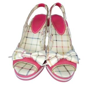 Coach Twirling Peep Toe Cork Wedge Sandals in Hot Pink and Plaid